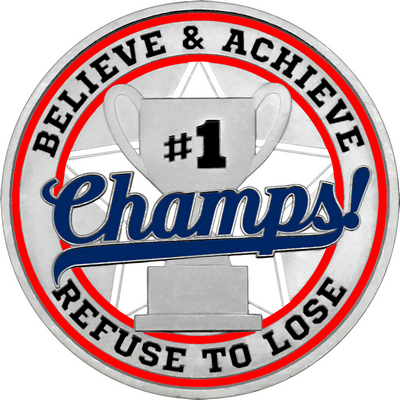 Navy Blue "Champs!" with Red Outer Circular Borders